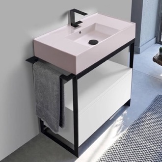 Console Bathroom Vanity Pink Sink Bathroom Vanity, White, Floor Standing, Modern, 35